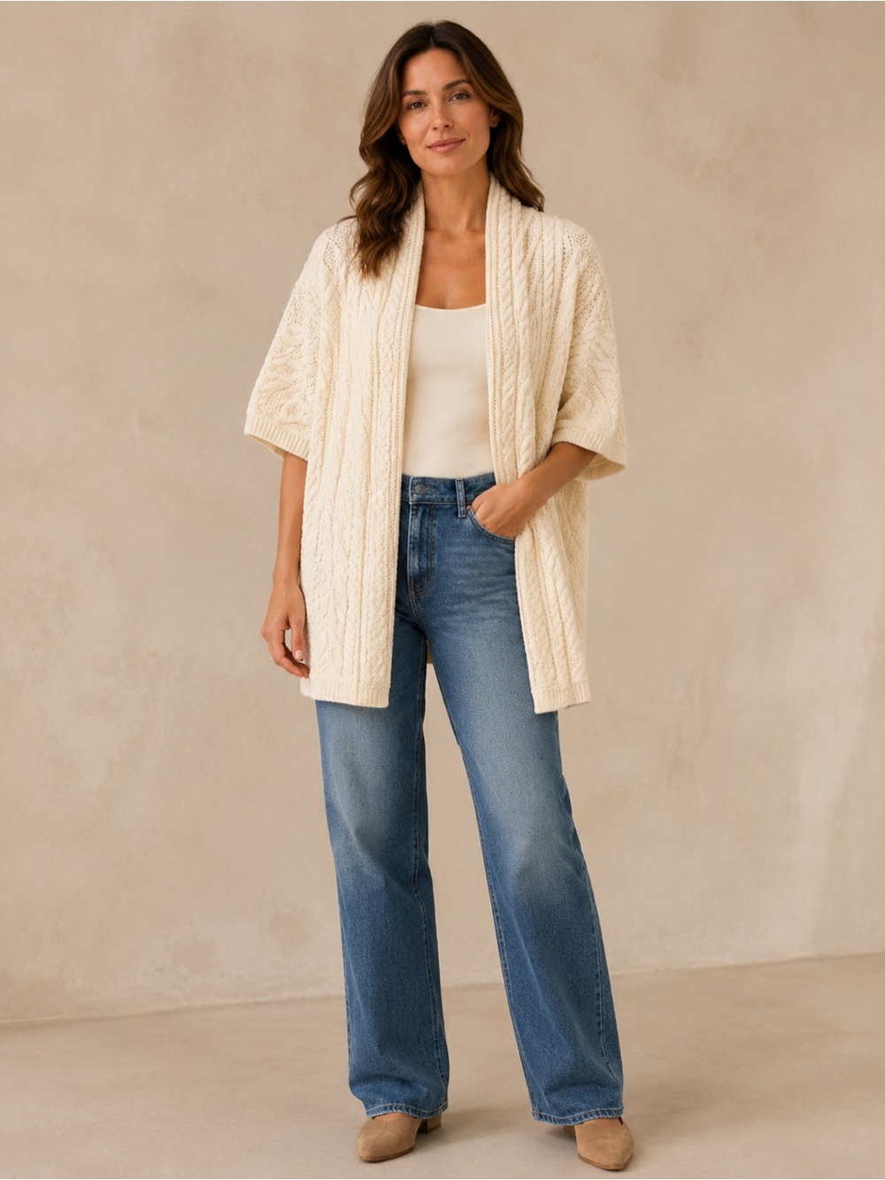 Aran Crafts Wool Cream Cable-Knit Short-Sleeve Open Cardigan Made in Ireland LG